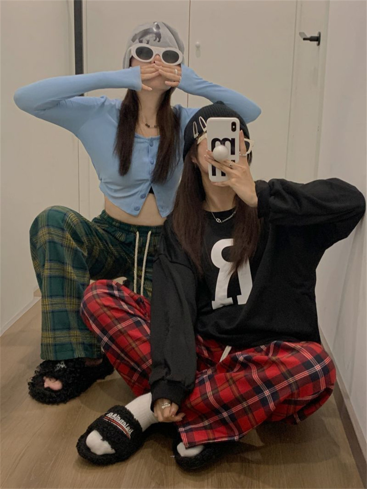 Women's Pants Capris QWEEK Korean Fashion Red Plaid Pants Women Y2K Vintage Green Oversized Wide Leg Checkered Trousers Harajuku Jogging Sweatpan