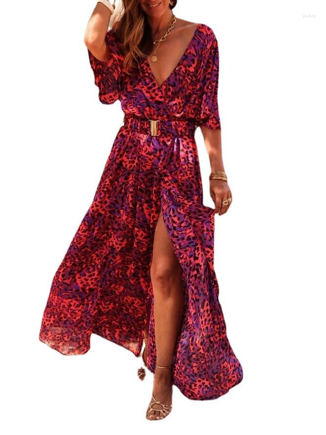 Casual Dresses Womens Dress 2024 Spring And Summer V-Neck Trendy Print Slim Waist Mid-Length Skirt Temperament See-Through