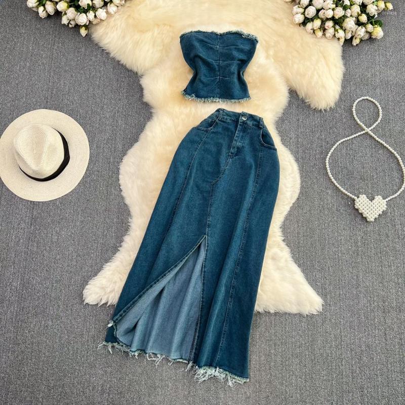 Work Dresses Fashion Women Summer Denim Clothes Suit Vintage Strapless Tops And High Waist Mid Long Slit Skirts 2Pcs Set Sexy Female, Blue
Work Dresses Fashion Women Summer Denim Clothes Suit Vintage Strapless Tops And High Waist Mid Long Slit Skirts 2Pcs Set Sexy Female, Blue