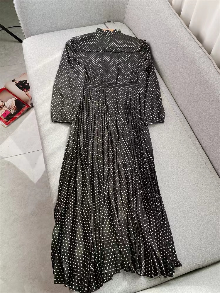 Casual Dresses Fall Winter French Fashion Dress Women Elegant Casual Party Office Dot Print Long Sleeve High Street Fungus Fold Robe230413