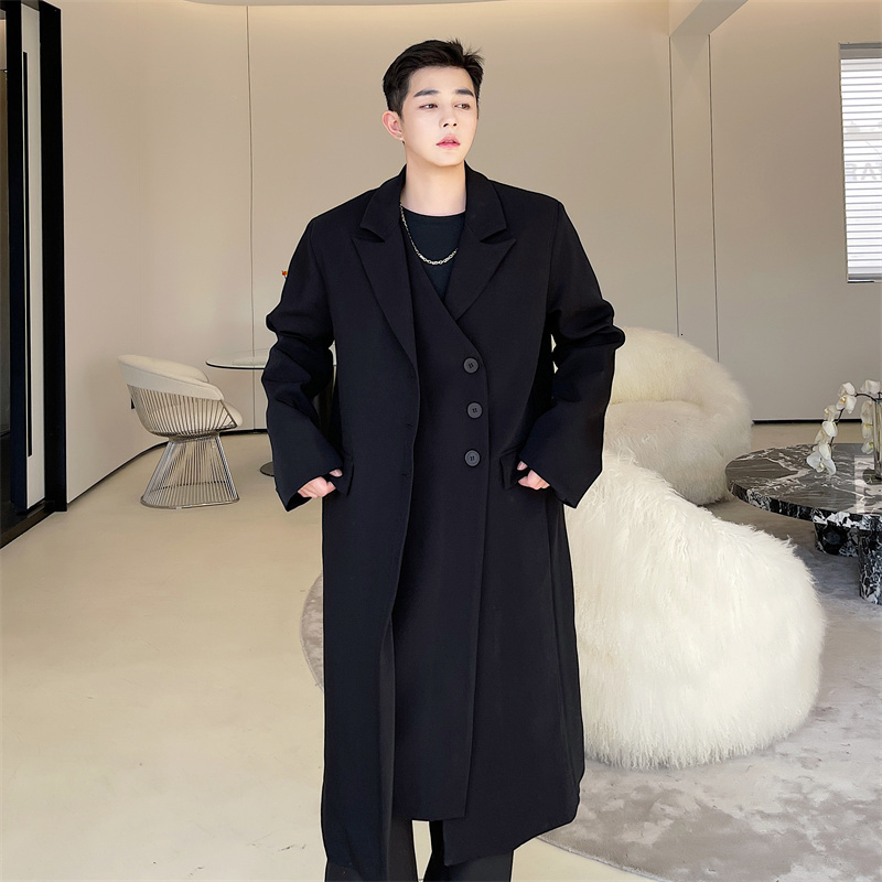 Men's Trench Coats coat Men Double Placket Long Loose Casual Coat Windbreaker Man Harajuku Streetwear Black Cardigan Jacket Overcoat 230413Z