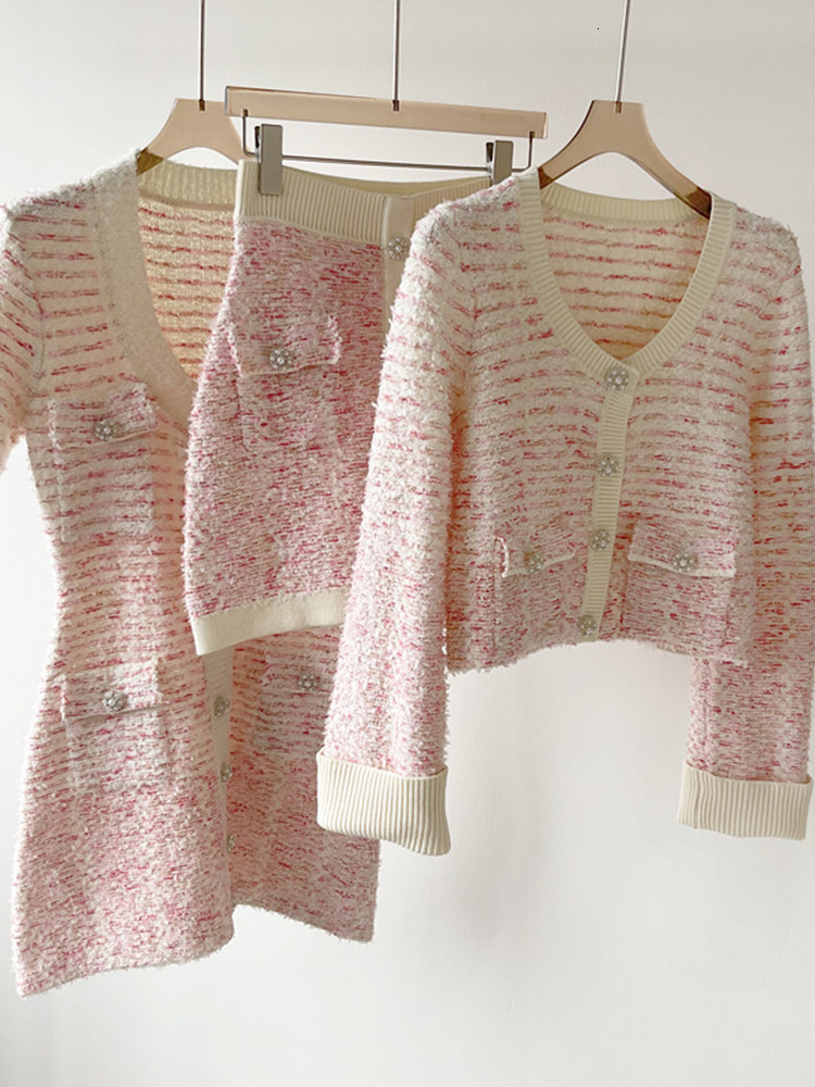 Casual Dresses Women U Neck Knitted Mini Dress Short-Sleeved Ladies White Pink Color Mixed Single-Breasted Short Robes With Pockets 230413