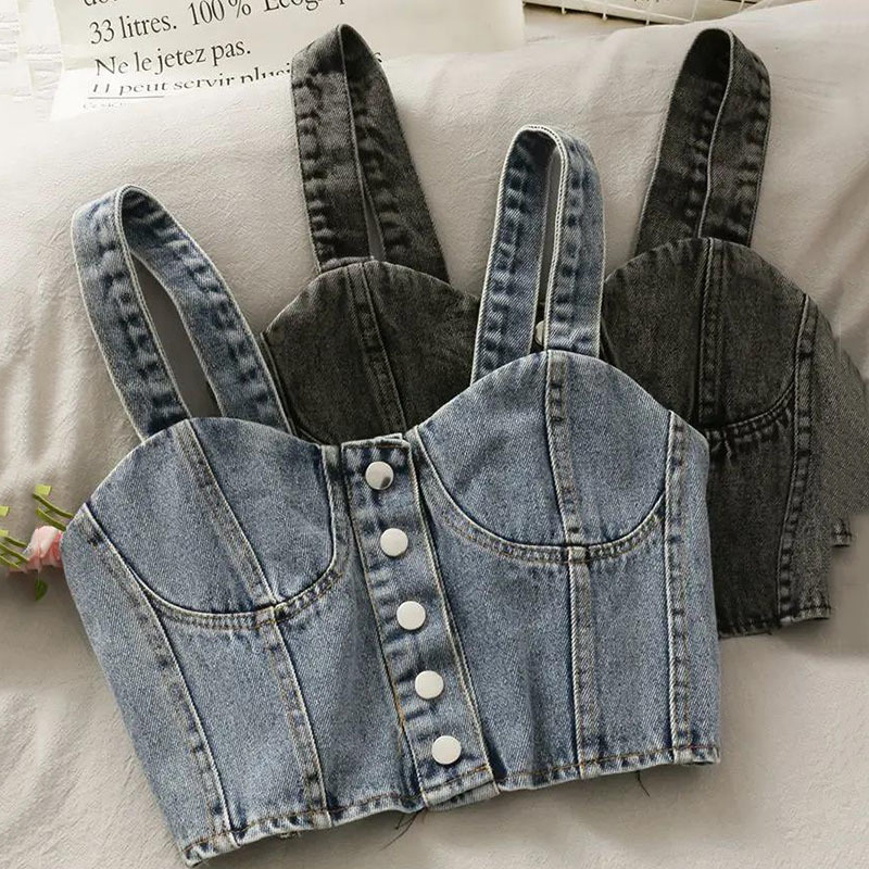 Camisoles Tanks Denim Pleated Tank Tops Single Breasted Slim Fit Camis Women's Short Top Sexy Cropped Crop Top Korean Vest Wholesale 230413