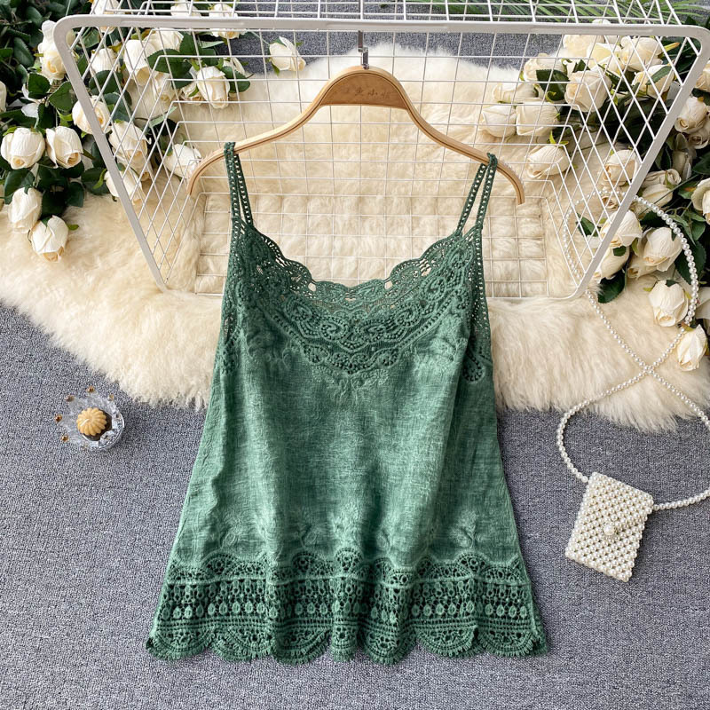 Camisoles Tanks Croysier Tops Women Boho Clothing Vintage Embroidery Lace Trim Cami Top V Neck Sleeveless Spaghetti Strap Summer Camisole 230413