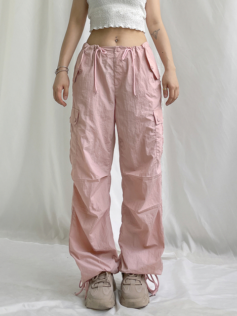 Women's Pants Capris Weekeep Summer Baggy Cargo Pants Low Rise Drawstring Fashion Pocket Casual Pants Kawaii Pink Women's Trousers y2k Aesth