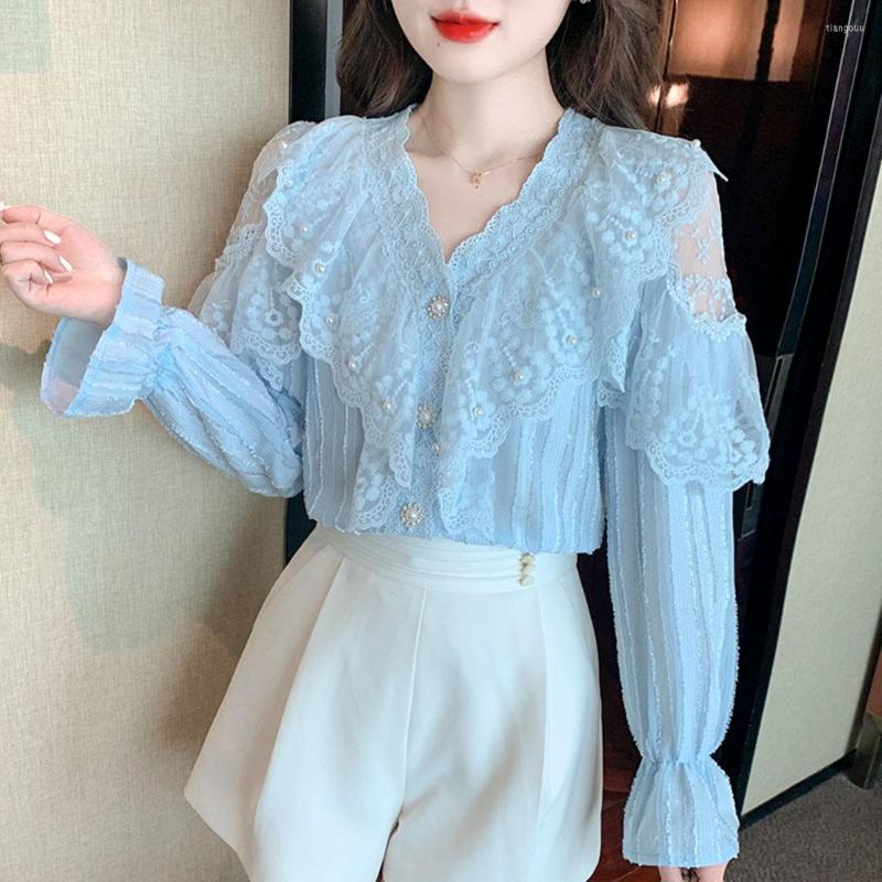Women's Blouses Spring Korean Sweet Clothes Lace Ruffled Women Fashion V-neck Ladies Tops Vintage Chiffon Shirts Blusas Mujer 2023, White 
Women's Blouses Spring Korean Sweet Clothes Lace Ruffled Women Fashion V-neck Ladies Tops Vintage Chiffon Shirts Blusas Mujer 2023, White