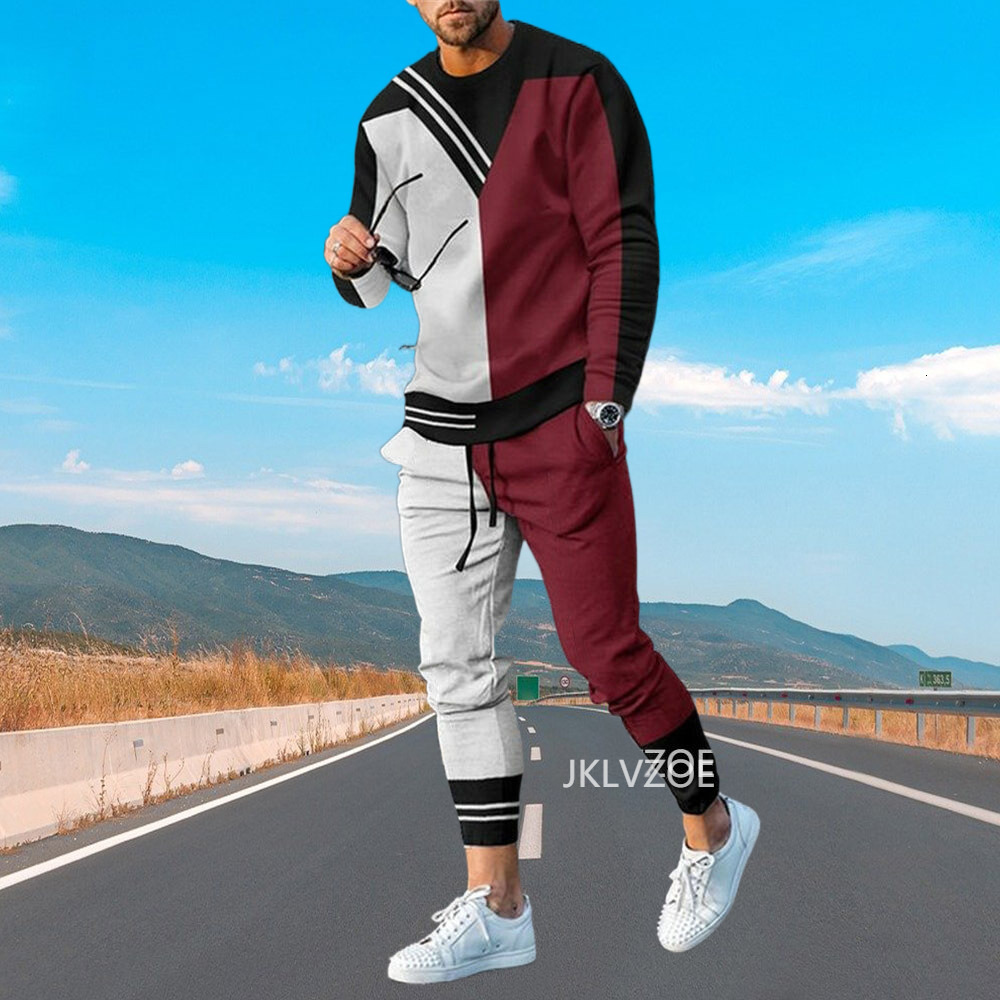 Men's Tracksuits Autumn Men Clothing Fashion Long Sleeved T ShirtTrousers Casual Tracksuit 2 Piece Suit 3D Printed Stripe Male Streetwear 230412
