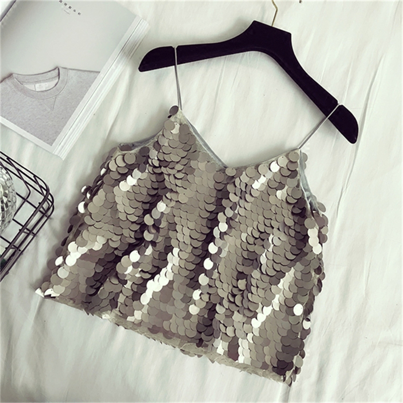 Camisoles Tanks Fashion Women Sequined Tank Top Summer Sexy V Neck Strap Club wear Girls Sequin Sleeveless Short Camisole Vest Tops 230413