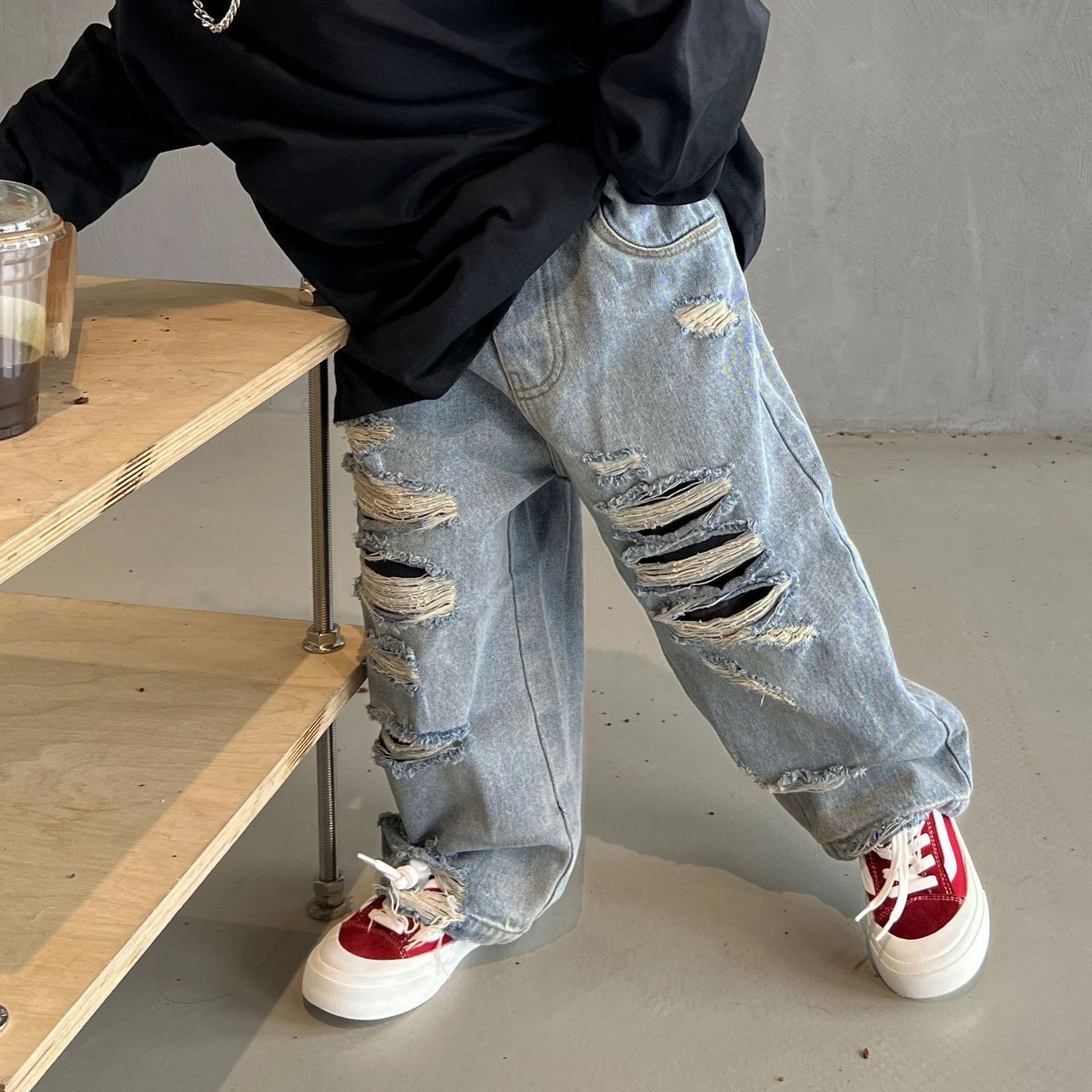 Jeans Kids Denim Ripped Trousers Boys Pants Wide Leg Jeans Korean Fashion Middle-waisted Pants Kids Clothes for Teen Boys 5-14Y 230413