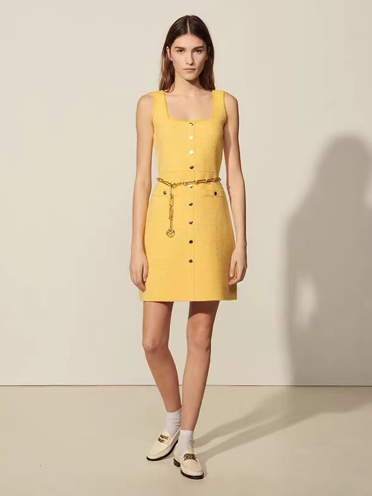 Casual Dresses Summer SANDR* Cotton Blend Tweed Square Neck Sleeveless Camisole Dress for Women Yellow High Waist A-line Ladies Dresses230413