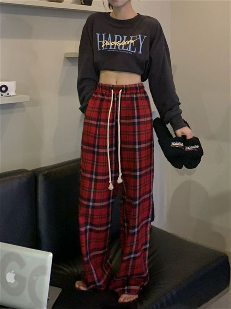 Women's Pants Capris QWEEK Korean Fashion Red Plaid Pants Women Y2K Vintage Green Oversized Wide Leg Checkered Trousers Harajuku Jogging Sweatpan