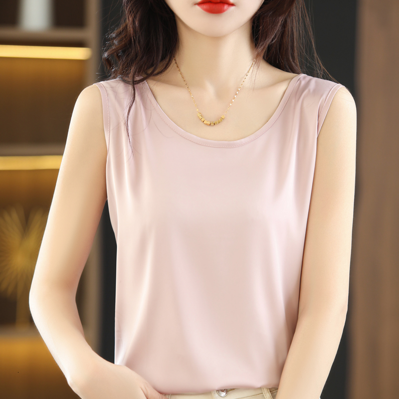 Camisoles Tanks Camisole Women's Inside With Silk Bottoming Satin Spring Summer Outer Vest Sleeveless Round Neck Silk All-Match Blouse 230413