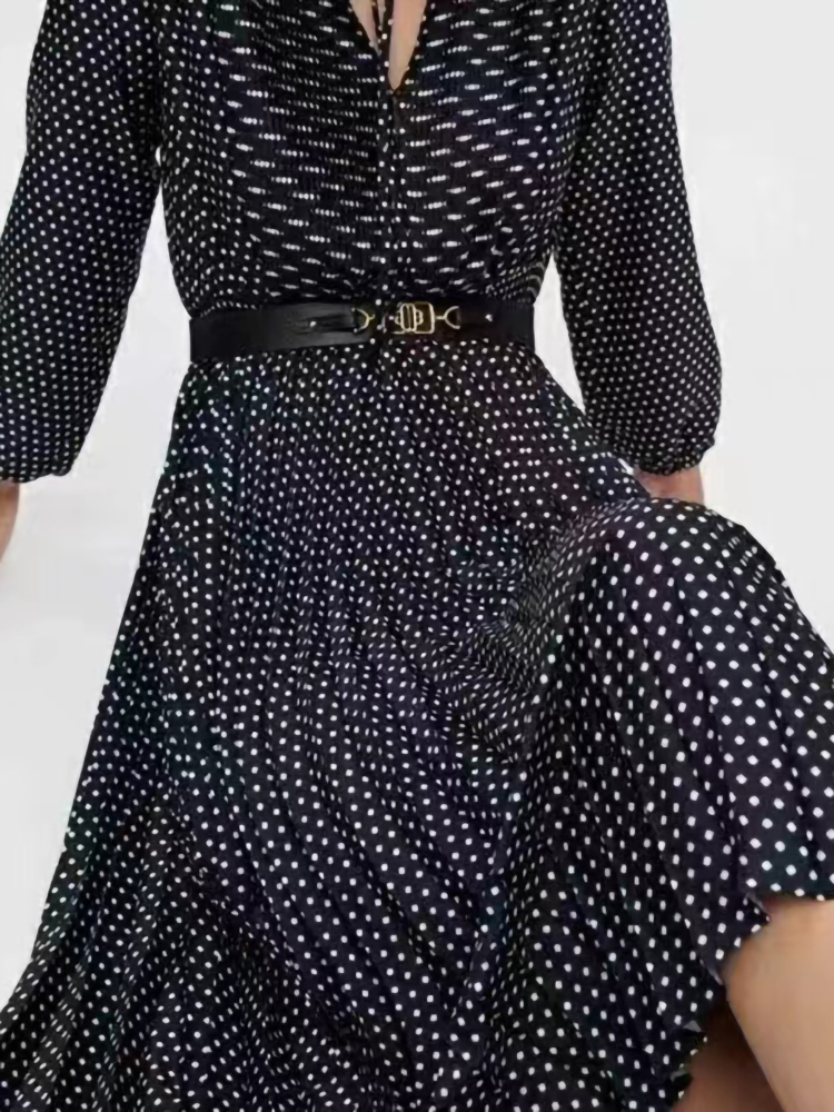 Casual Dresses Fall Winter French Fashion Dress Women Elegant Casual Party Office Dot Print Long Sleeve High Street Fungus Fold Robe230413