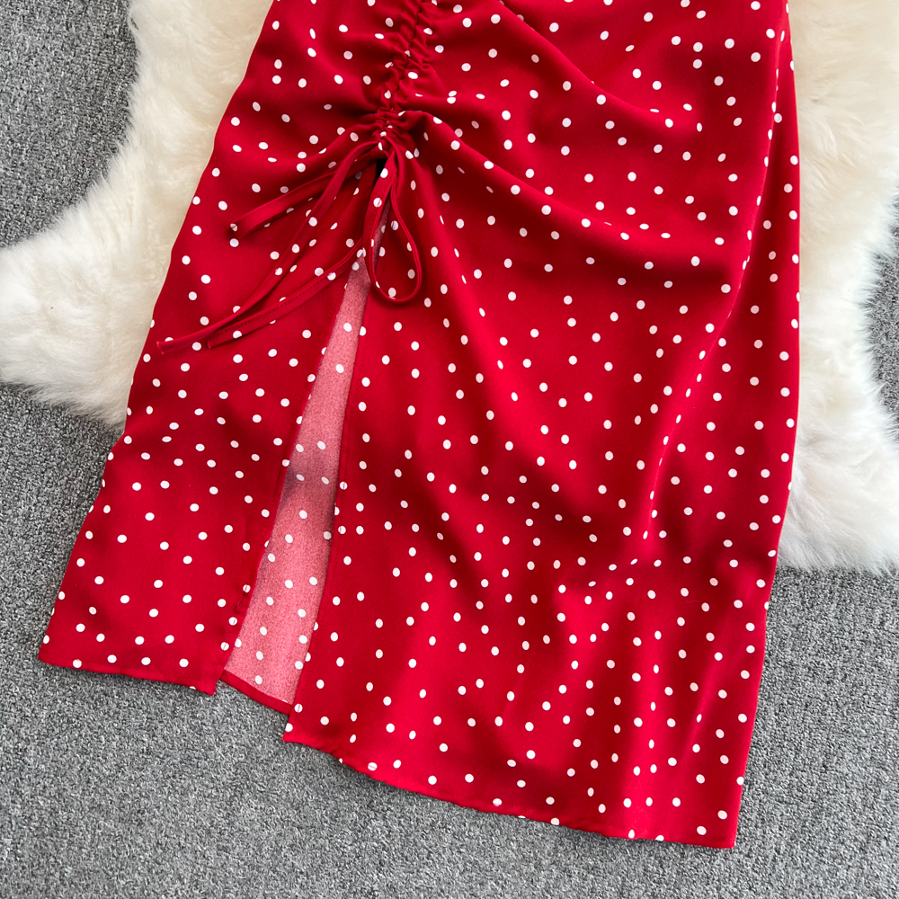 Casual Dresses Summer Women Beach Dress Fashion Square Collar Drawstring Puff Sleeve A-line Dresses Mid Length Slit Polka Dot Frock For Party230413