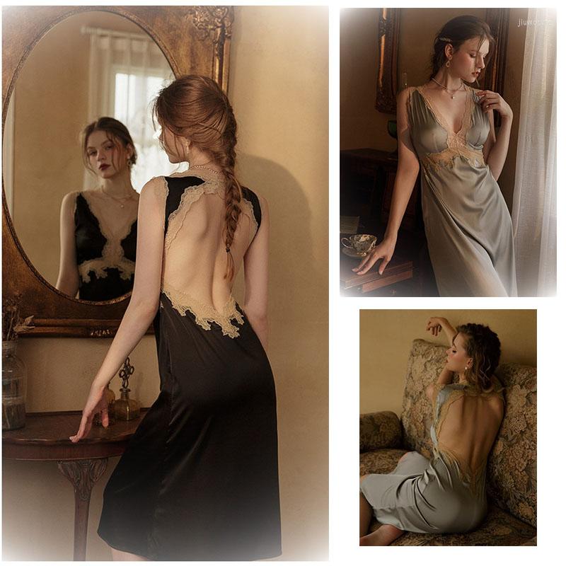 Women's Sleepwear Sexy Nightwear Women's Nightgowns Deep V Hollow Lace Silk Nightdress Backless Lace-Up Sling Sleeping Dress Female, Black
Women's Sleepwear Sexy Nightwear Women's Nightgowns Deep V Hollow Lace Silk Nightdress Backless Lace-Up Sling Sleeping Dress Female, Black