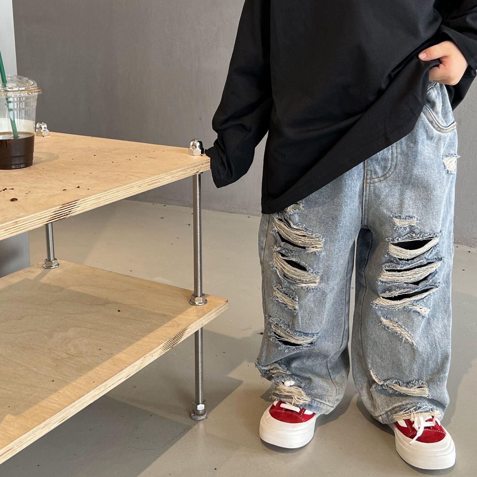 Jeans Kids Denim Ripped Trousers Boys Pants Wide Leg Jeans Korean Fashion Middle-waisted Pants Kids Clothes for Teen Boys 5-14Y 230413