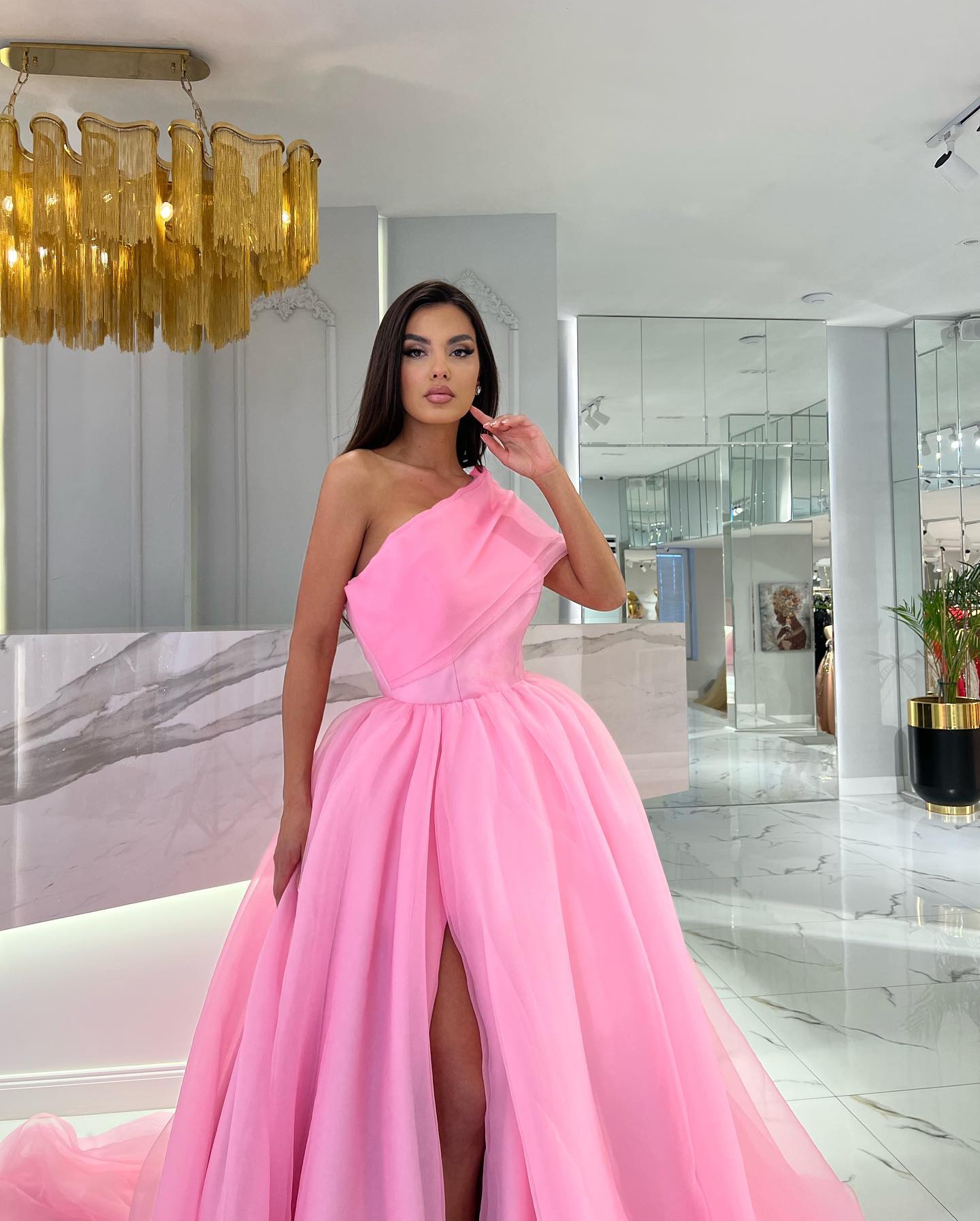 Dusty Pink One Shoulder Prom Dresses Side Split Formal Evening Dress Tulle Long Gowns 2023 For Women Party
