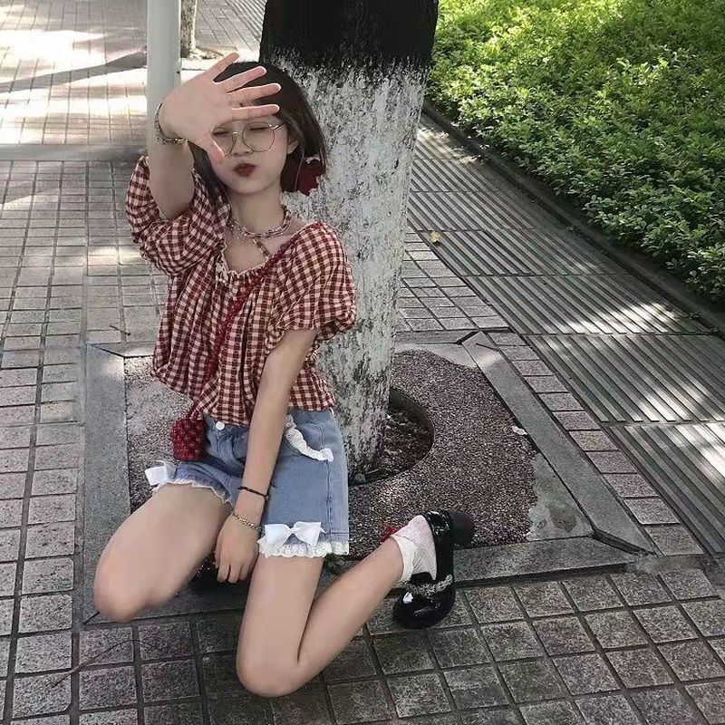 Women's Shorts Blue Vintage Bow Lace Shorts Jeans Women Harajuku Kawaii Y2k High Waist Pants Casual Aesthetic Clothes Korean Fashion 230413