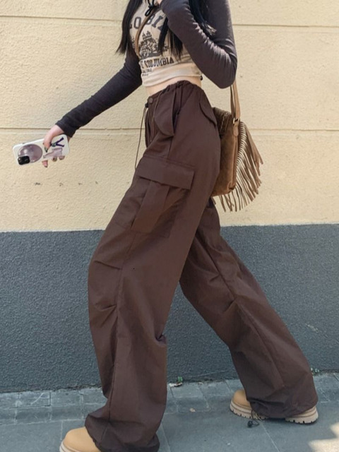 Women's Pants Capris HOUZHOU Vintage Brown Parachute Cargo Pants Korean Streetwear Y2k 90s Wide Leg Joggers Harajuku Hippie Trousers Female Techw