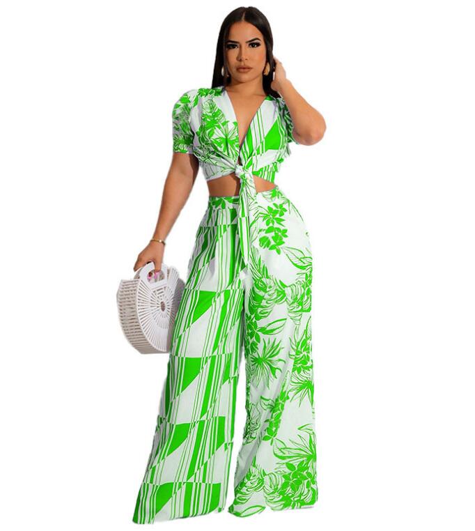 BG460 Women's Two Piece Pants short sleeve print blouse shirt tee Wide leg pants Women's Clothing
