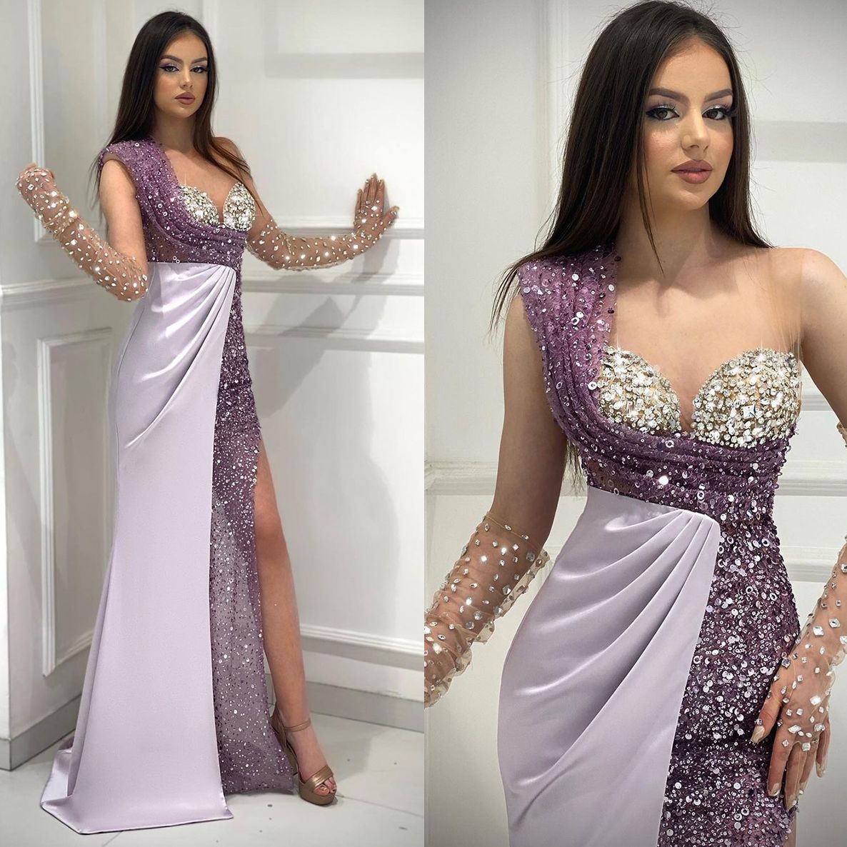 Sparking Purple Prom Dresses One Shoulder Rhinestones Party Dresses Beading Sequined Side Split Custom Made Evening Dress