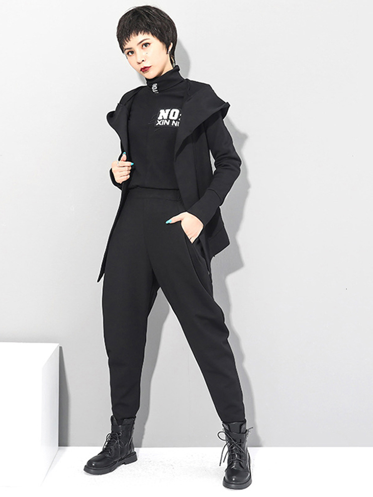 Women's Pants Capris EAM High Elastic Waist Black Brief Long Harem Trousers Loose Fit Pants Women Fashion Spring Autumn 1DC419 230413