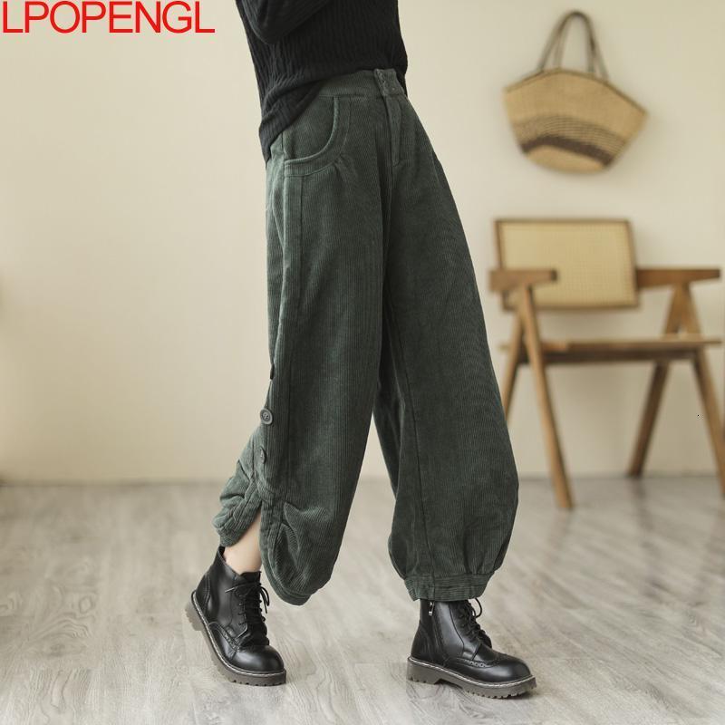 Women's Pants Capris Corduroy Women's Plus Velvet High Waist Autumn And Winter Bloomers Loose Thickening Elastic Waist Ankle-length Pants 23