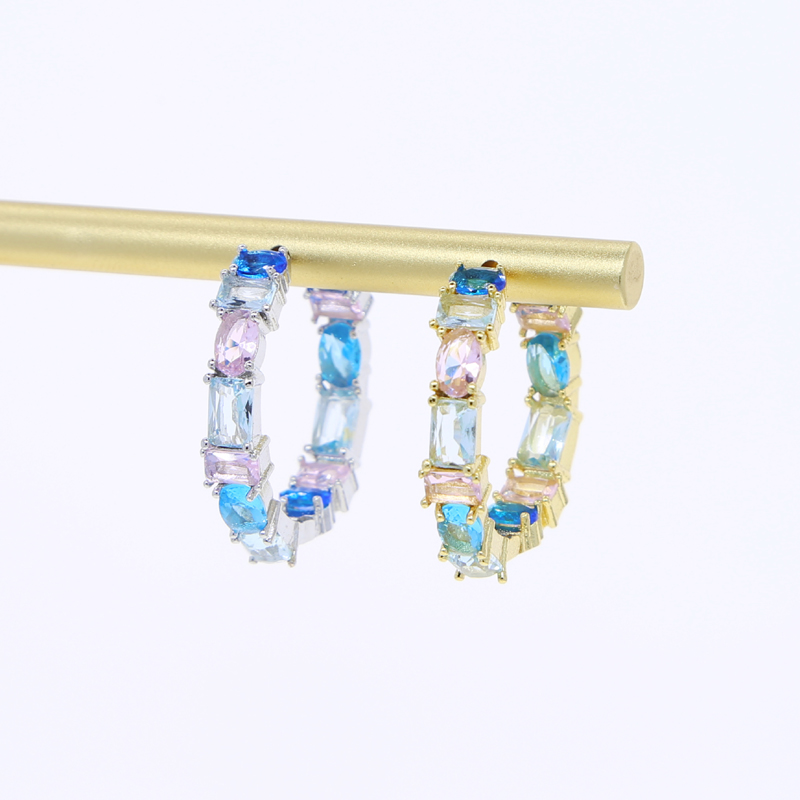 Geometric Zircon Hoop Earrings: Pink & Light Blue Iced Out CZ