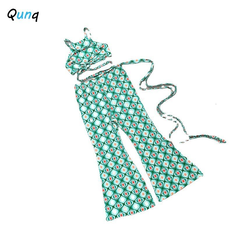 Clothing Sets Qunq Summer INS Girls Vest Square Collar Backless Bind Print Top Flared Trousers 2 Pieces Set Casual Kids Clouthes Age 3 T 8T 230412