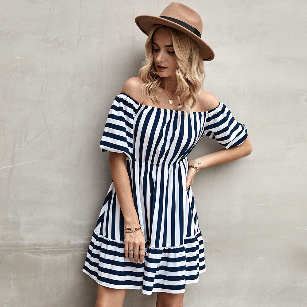 Casual Dresses Summer Womens Shortsleeved Stripes Slash Neck Dress 230413