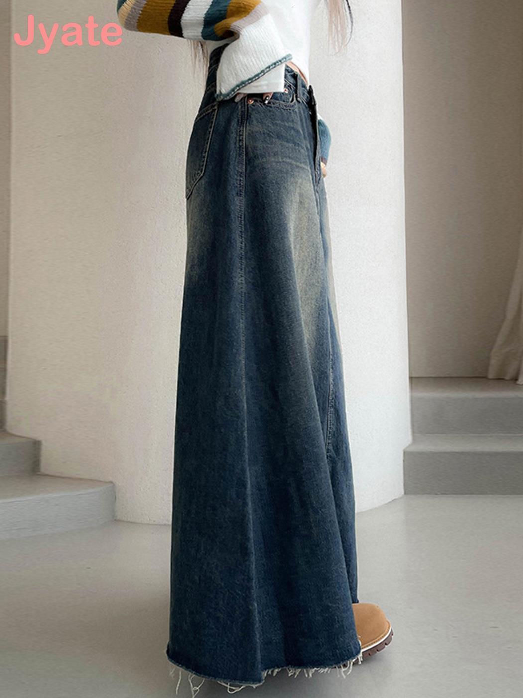 Vintage Skirts Jyate Maxi Denim Women Y2k Grunge Streetwear Pockets Chic Long Female Casual Harajuku Aesthetic Faldas 2