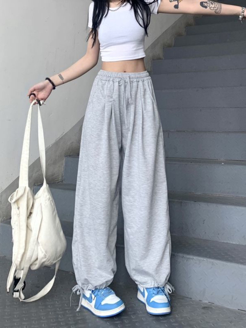 Women's Pants Capris HOUZHOU Casual Women Black Sweatpants Gray Joggers Basic Wide Leg Trousers Korean Fashion Baggy High Wasit Female Pantalones