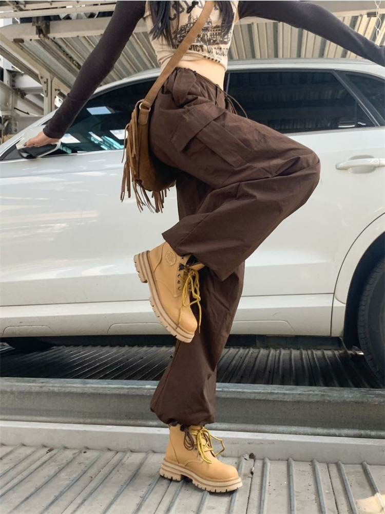 Women's Pants Capris HOUZHOU Vintage Brown Parachute Cargo Pants Korean Streetwear Y2k 90s Wide Leg Joggers Harajuku Hippie Trousers Female Techw