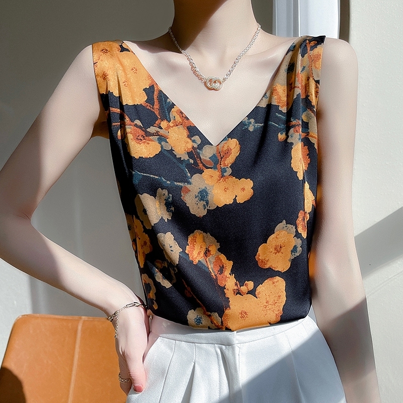 Camisoles Tanks Summer V-Neck Explosions Printed Acetic Acid Camisole Women's Round Neck With Suit At The Bottom Satin Blouse 230413