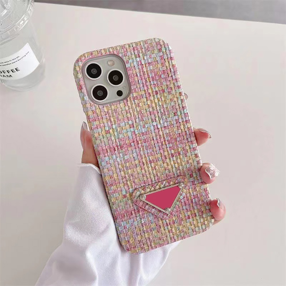 Designer Weave Pattern Cell Phone Cases for Apple iPhone 14 Plus 13 12 11 Pro Max XR XS 7 8 Luxury PU Leather Half-body Mobile Phone Bumper Back Covers Shells Funda Rainbow