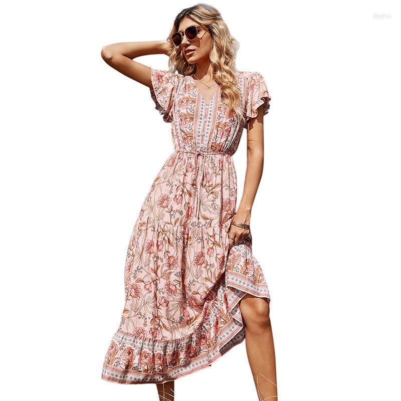 Party Dresses Summer Women Boho Long Printed V Neck Short Sleeve With Belt Female Casual Dress Vestidos Mujer, Pink
Party Dresses Summer Women Boho Long Printed V Neck Short Sleeve With Belt Female Casual Dress Vestidos Mujer, Pink