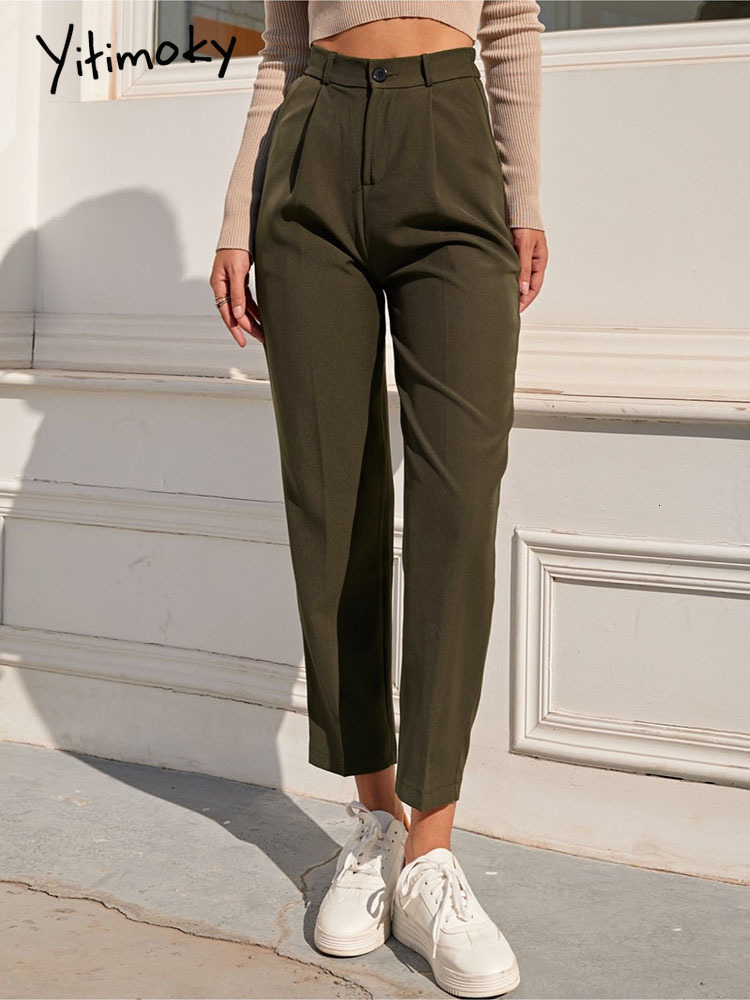 Women's Pants Capris Yitimoky Elegant Straight Pants Women Office Wear Work Pants Vintage Black Khaki Elastic Waist Trousers Spring Summer 230413
