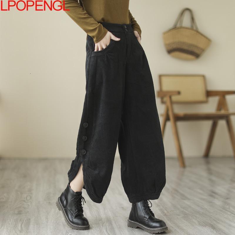 Women's Pants Capris Corduroy Women's Plus Velvet High Waist Autumn And Winter Bloomers Loose Thickening Elastic Waist Ankle-length Pants 23
