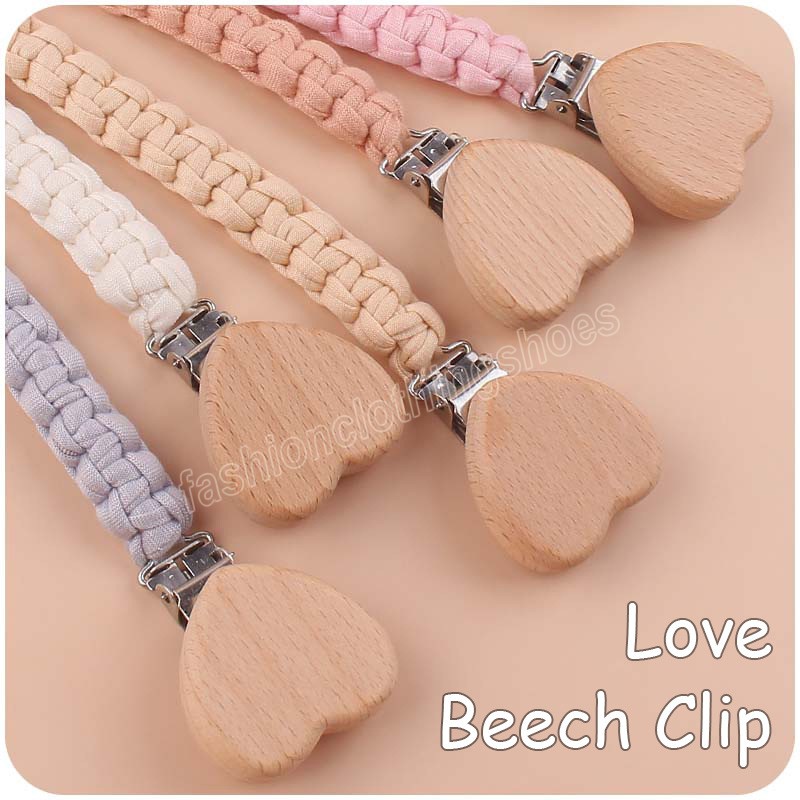 Heart Shape Beech Pacifier Clip DIY Newborn Accessories Baby Shower Gift Woven Pacifier Holder Infant Soother Dummy Clips Chain