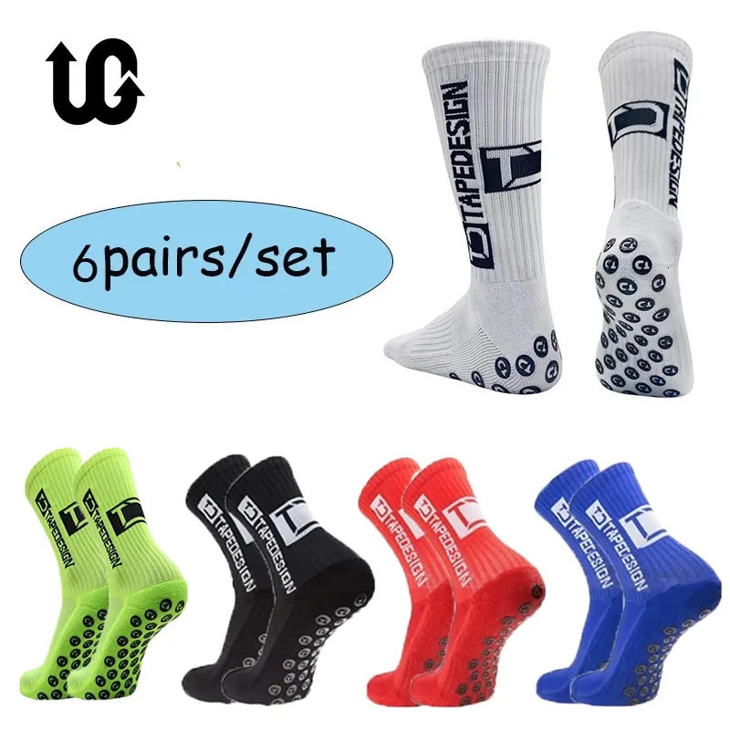 Sports Socks 6Pairs/Lot ANTI SLIP Tape Football Socks Mid Calf Non-Slip Soccer Sport Cycling Sports Mens Sock EU38-45 231113