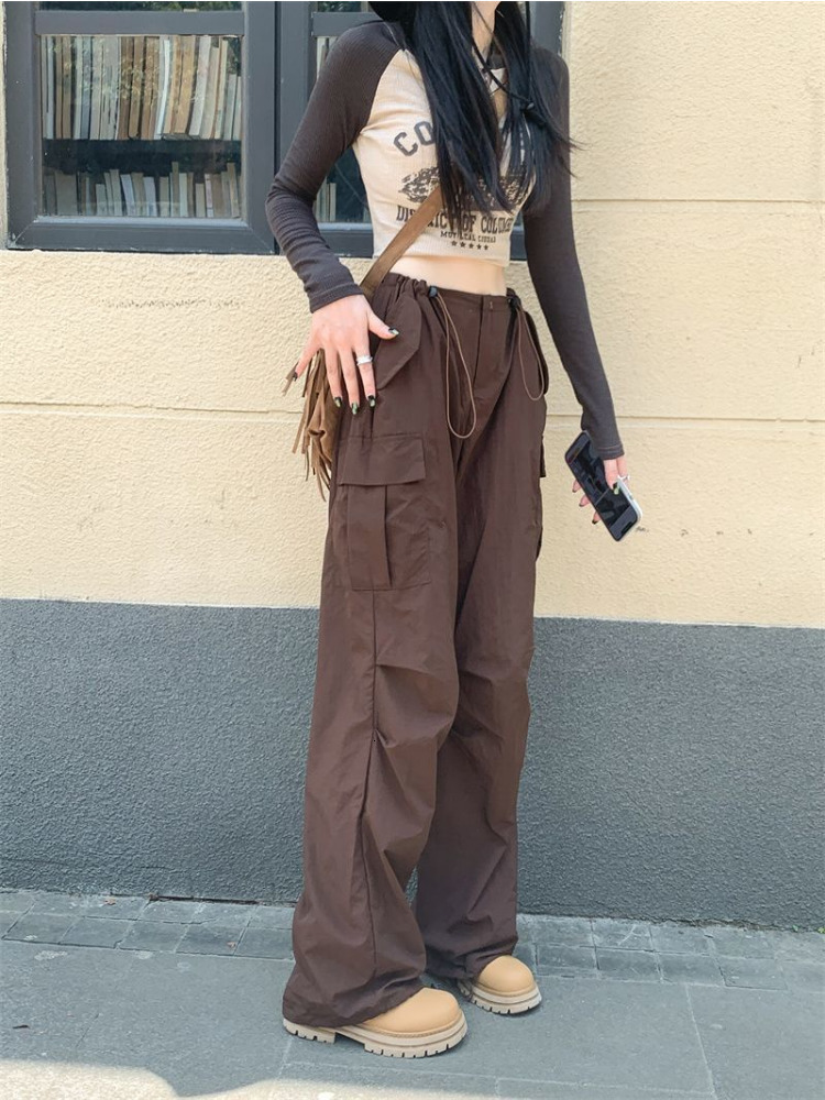Women's Pants Capris HOUZHOU Vintage Brown Parachute Cargo Pants Korean Streetwear Y2k 90s Wide Leg Joggers Harajuku Hippie Trousers Female Techw