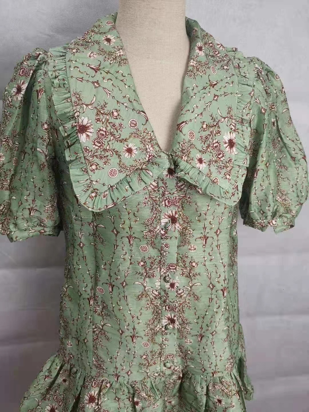 Casual Dresses Summer French Elegant Fashion Dress For Women Green Romantic Print Doll Collar Puff Sleeve Short Dress Mini Robe Ladies230413