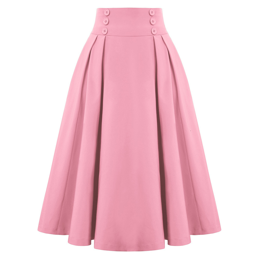 Skirts Belle Poque Women Pleated Swing Skirt Buttons Decorated Elastic Waist High Waist Retro Skirts Steampunk Casual Party Mid-calf 230413