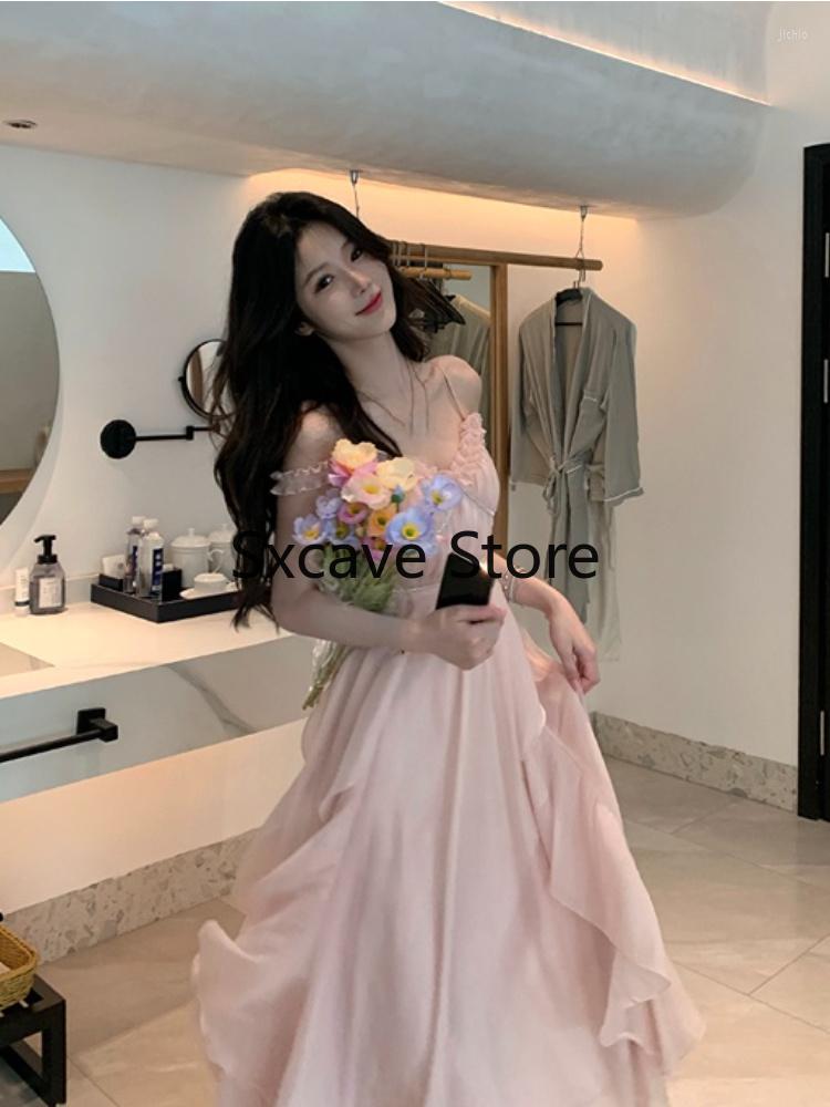 Casual Dresses Pink Midi Dress Women Beach Style Elegant Sexy Strap Party Sweet Fairy One Piece Korean 2023 Summer Chic