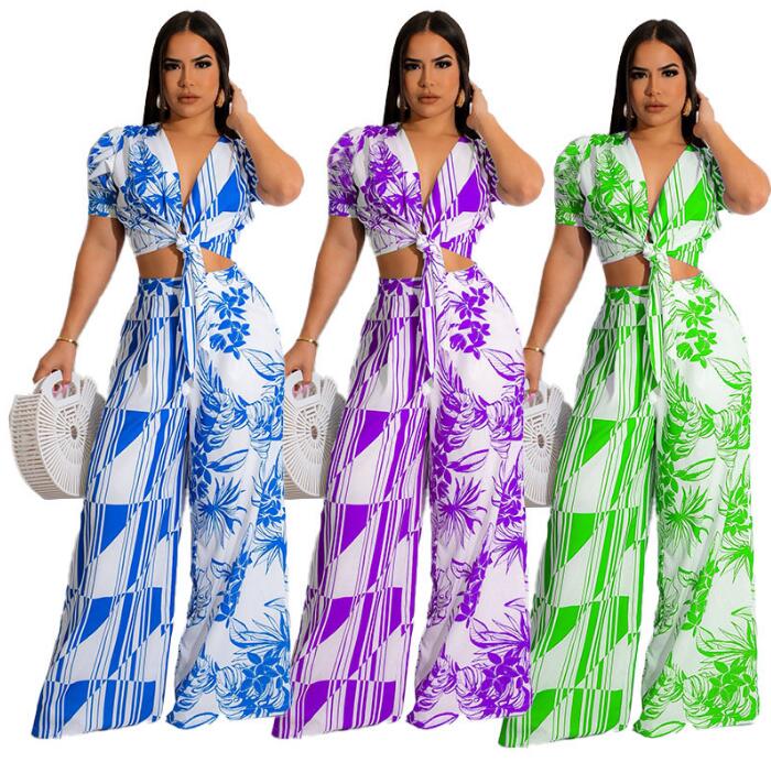 BG460 Women's Two Piece Pants short sleeve print blouse shirt tee Wide leg pants Women's Clothing