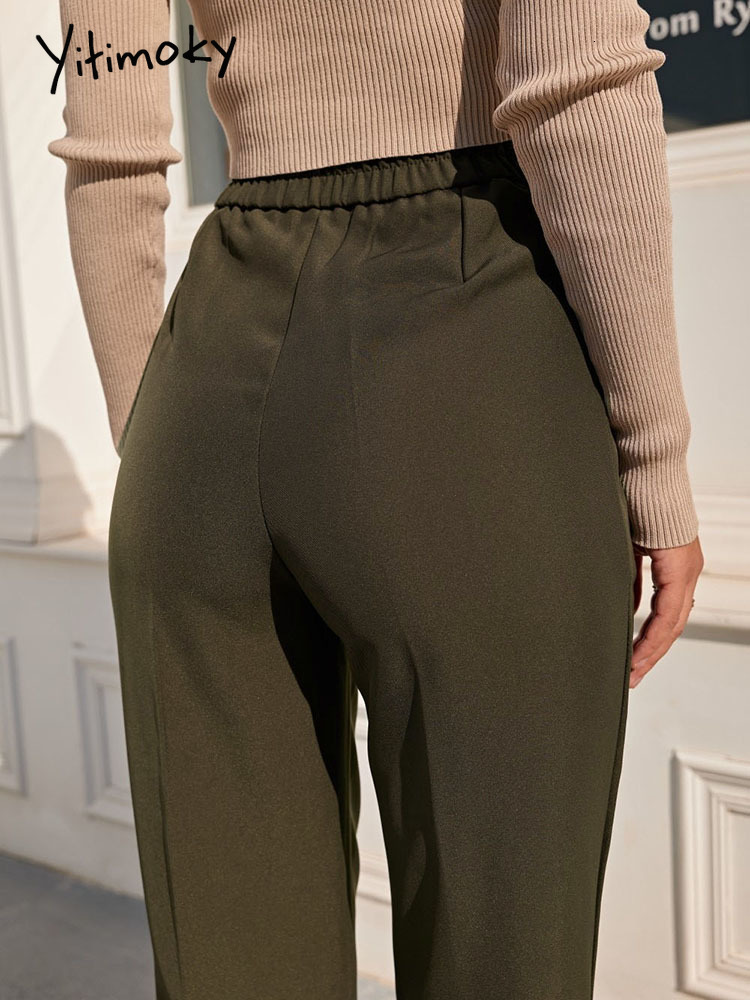 Women's Pants Capris Yitimoky Elegant Straight Pants Women Office Wear Work Pants Vintage Black Khaki Elastic Waist Trousers Spring Summer 230413