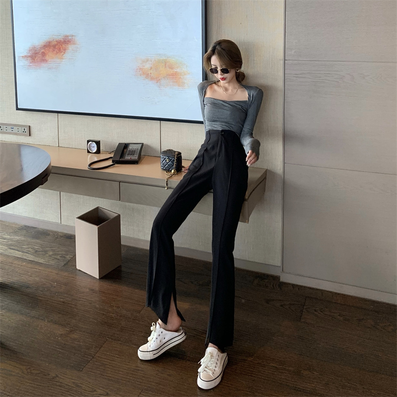 Women's Pants Capris High Waist Thin Split Wide Leg Pants Women's Spring And Summer Solid Black White Loose Suit Straight Horn Casual Pants 