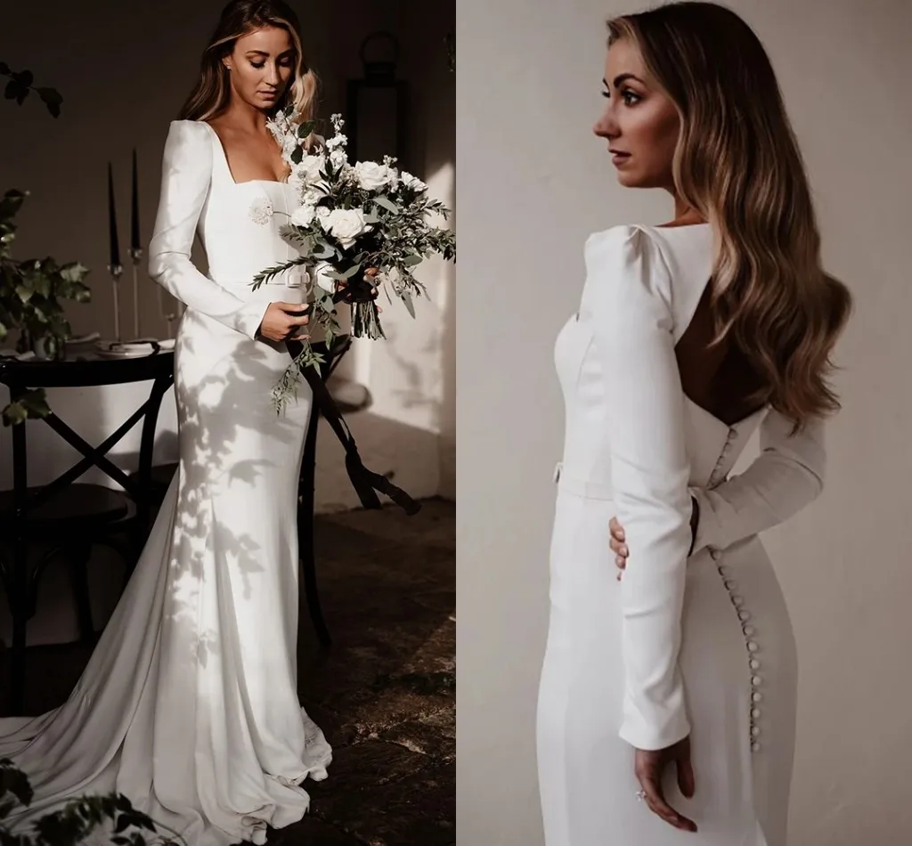 

2023 Simple Long Sleeves Wedding Dresses Bridal Gown Mermaid Sweep Train Covered Buttons Custom Made Country Plus Size vestido de novia, Same as image