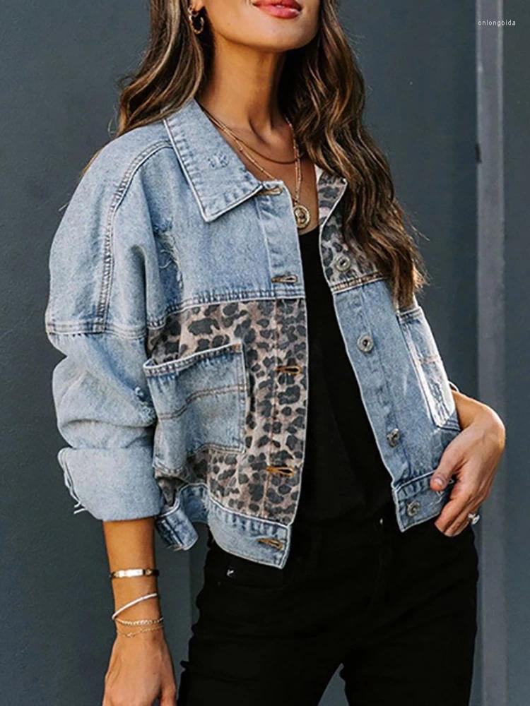 Womens Jackets Fitshinling Leopard Patchwork Jean For Women Clothing Outerwear Fashion Pockets Slim Denim Coat Female Autumn Top 2023