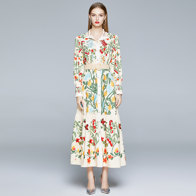Casual Dresses Autumn Runway Maxi Dress Womens Long Sleeve Stand Gorgeous Flower Print Long Dress Female Buttons up Sashes Holidays Dress 230413